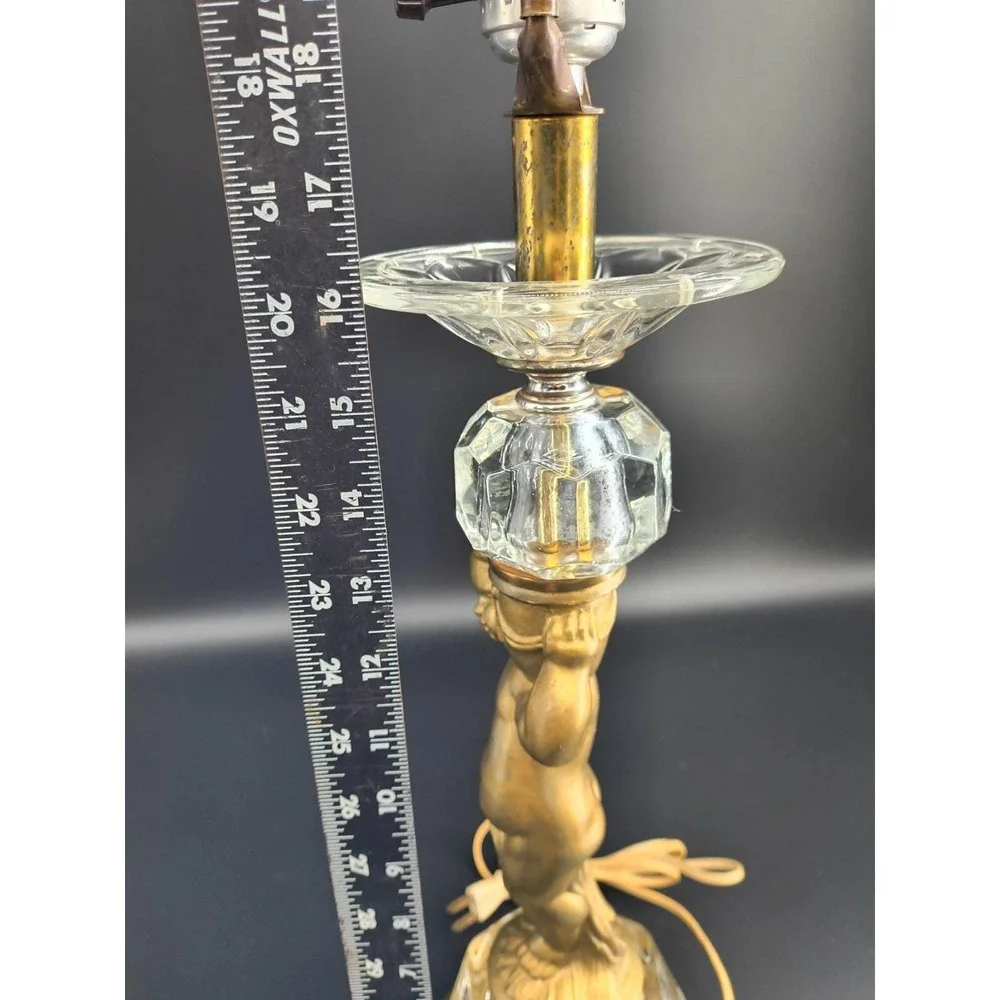 Vintage 1950s Hollywood Regency Cherub Boudoir Lamp Glass Crystal Gilt Mixed...